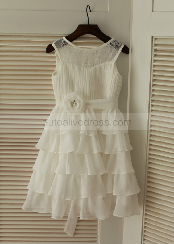 Ivory Lace Chiffon Cupcake Flower Girl Dress With Flower Sash